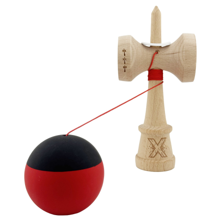 Kendama X Originala, Profesionala, Flippy, Cupe Mari KING SIZE V3, Rubber Grip, Gaura in Baza, Rulment Metalic, din lemn 18 cm, Ata 62/65 cm, Bicolor Negru/Rosu [3]
