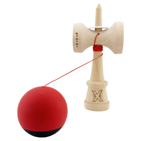 Kendama X Originala, Profesionala, Flippy, Cupe Mari KING SIZE V3, Rubber Grip, Gaura in Baza, Rulment Metalic, din lemn 18 cm, Ata 62/65 cm, Bicolor Rosu/Negru [3]