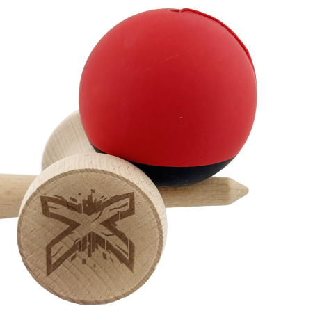 Kendama X Originala, Profesionala, Flippy, Cupe Mari KING SIZE V3, Rubber Grip, Gaura in Baza, Rulment Metalic, din lemn 18 cm, Ata 62/65 cm, Bicolor Rosu/Negru [7]