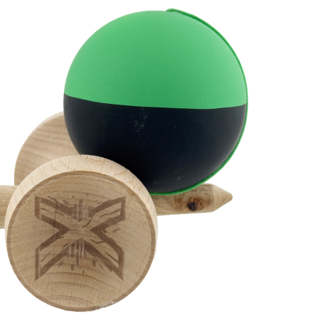 Kendama X Originala, Profesionala, Flippy, Cupe Mari KING SIZE V3, Rubber Grip, Gaura in Baza, Rulment Metalic, din lemn 18 cm, Ata 62/65 cm, Bicolor Verde/Negru [7]