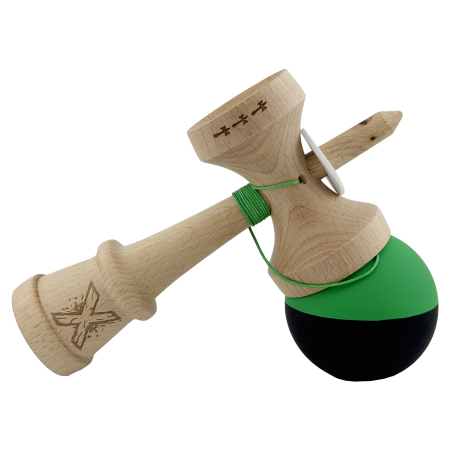 Kendama X Originala, Profesionala, Flippy, Cupe Mari KING SIZE V3, Rubber Grip, Gaura in Baza, Rulment Metalic, din lemn 18 cm, Ata 62/65 cm, Bicolor Verde/Negru [4]