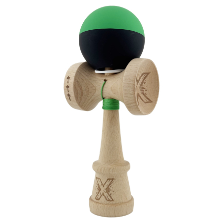 Kendama X Originala, Profesionala, Flippy, Cupe Mari KING SIZE V3, Rubber Grip, Gaura in Baza, Rulment Metalic, din lemn 18 cm, Ata 62/65 cm, Bicolor Verde/Negru [2]
