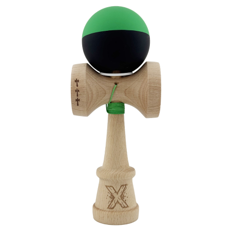 Kendama X Originala, Profesionala, Flippy, Cupe Mari KING SIZE V3, Rubber Grip, Gaura in Baza, Rulment Metalic, din lemn 18 cm, Ata 62/65 cm, Bicolor Verde/Negru [1]