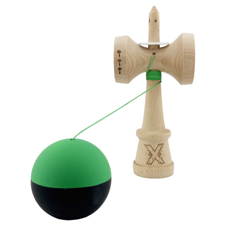 Kendama X Originala, Profesionala, Flippy, Cupe Mari KING SIZE V3, Rubber Grip, Gaura in Baza, Rulment Metalic, din lemn 18 cm, Ata 62/65 cm, Bicolor Verde/Negru [3]