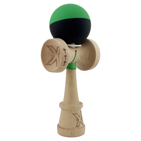 Kendama - Kendama X Originala, Profesionala, Flippy, Cupe Mari KING SIZE V3, Rubber Grip, Gaura in Baza, Rulment Metalic, din lemn 18 cm, Ata 62/65 cm, Bicolor Verde/Negru