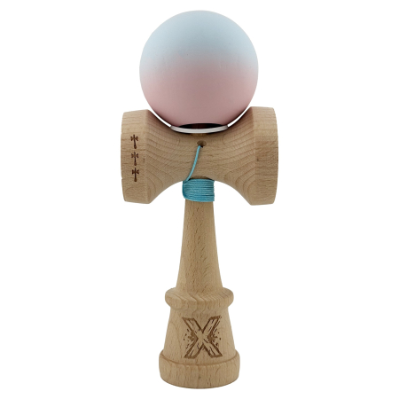 Kendama X Originala, Profesionala, Flippy, Cupe Mari KING SIZE V3, Rubber Grip, Gaura in Baza, Rulment Metalic, din lemn 18 cm, Ata 62/65 cm, Gradient Albastru deschis/Roz [1]