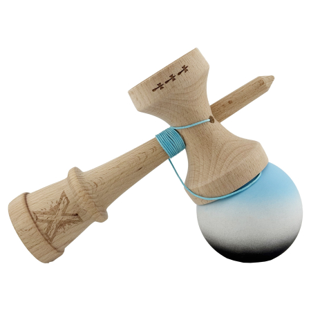 Kendama X Originala, Profesionala, Flippy, Cupe Mari KING SIZE V3, Rubber Grip, Gaura in Baza, Rulment Metalic, din lemn 18 cm, Ata 62/65 cm, Gradient Albastru deschis/Alb/Negru [4]