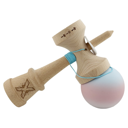 Kendama X Originala, Profesionala, Flippy, Cupe Mari KING SIZE V3, Rubber Grip, Gaura in Baza, Rulment Metalic, din lemn 18 cm, Ata 62/65 cm, Gradient Albastru deschis/Roz/Alb [4]