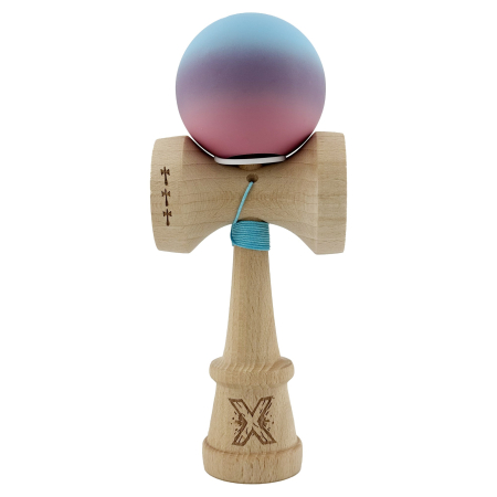 Kendama X Originala, Profesionala, Flippy, Cupe Mari KING SIZE V3, Rubber Grip, Gaura in Baza, Rulment Metalic, din lemn 18 cm, Ata 62/65 cm, Gradient Albastru deschis/Mov/Roz [1]