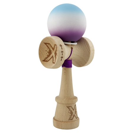 Kendama - Kendama X Originala, Profesionala, Flippy, Cupe Mari KING SIZE V3, Rubber Grip, Gaura in Baza, Rulment Metalic, din lemn 18 cm, Ata 62/65 cm, Gradient Albastru deschis/Alb/Mov