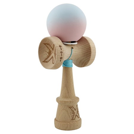 Kendama - Kendama X Originala, Profesionala, Flippy, Cupe Mari KING SIZE V3, Rubber Grip, Gaura in Baza, Rulment Metalic, din lemn 18 cm, Ata 62/65 cm, Gradient Albastru deschis/Roz