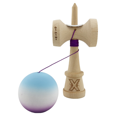 Kendama X Originala, Profesionala, Flippy, Cupe Mari KING SIZE V3, Rubber Grip, Gaura in Baza, Rulment Metalic, din lemn 18 cm, Ata 62/65 cm, Gradient Albastru deschis/Alb/Mov [3]