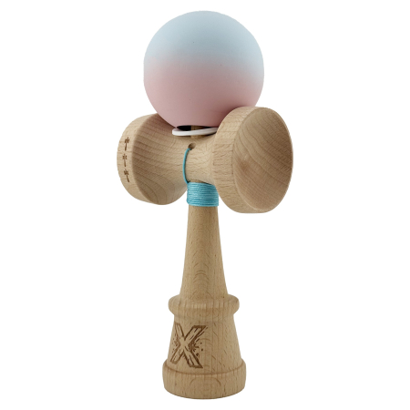 Kendama X Originala, Profesionala, Flippy, Cupe Mari KING SIZE V3, Rubber Grip, Gaura in Baza, Rulment Metalic, din lemn 18 cm, Ata 62/65 cm, Gradient Albastru deschis/Roz [2]