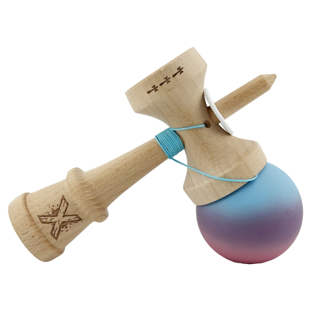 Kendama X Originala, Profesionala, Flippy, Cupe Mari KING SIZE V3, Rubber Grip, Gaura in Baza, Rulment Metalic, din lemn 18 cm, Ata 62/65 cm, Gradient Albastru deschis/Mov/Roz [4]