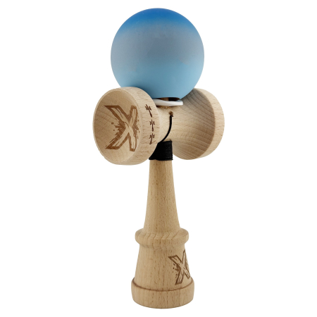 Kendama - Kendama X Originala, Profesionala, Flippy, Cupe Mari KING SIZE V3, Rubber Grip, Gaura in Baza, Rulment Metalic, din lemn 18 cm, Ata 62/65 cm, Gradient Albastru/Gri/Albastru deschis