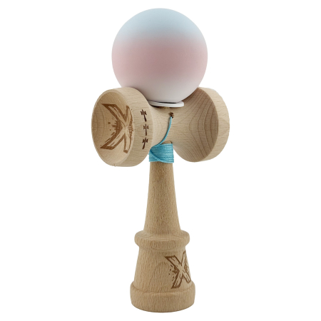 Kendama - Kendama X Originala, Profesionala, Flippy, Cupe Mari KING SIZE V3, Rubber Grip, Gaura in Baza, Rulment Metalic, din lemn 18 cm, Ata 62/65 cm, Gradient Albastru deschis/Roz/Alb