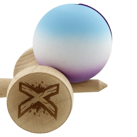 Kendama X Originala, Profesionala, Flippy, Cupe Mari KING SIZE V3, Rubber Grip, Gaura in Baza, Rulment Metalic, din lemn 18 cm, Ata 62/65 cm, Gradient Albastru deschis/Alb/Mov [7]