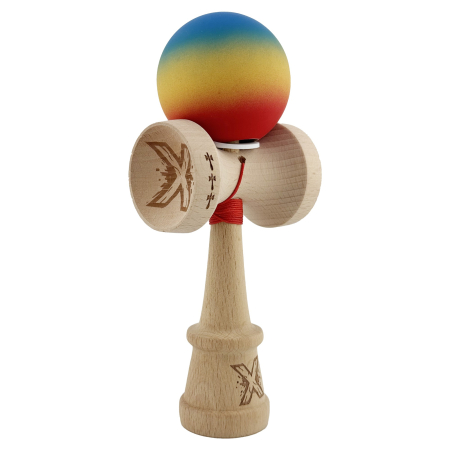 Kendama - Kendama X Originala, Profesionala, Flippy, Cupe Mari KING SIZE V3, Rubber Grip, Gaura in Baza, Rulment Metalic, din lemn 18 cm, Ata 62/65 cm, Gradient Albastru/Galben/Rosu