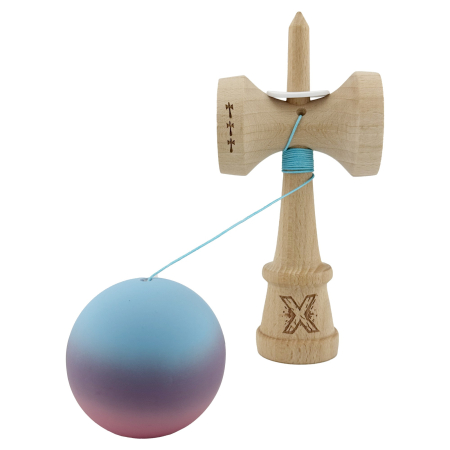Kendama X Originala, Profesionala, Flippy, Cupe Mari KING SIZE V3, Rubber Grip, Gaura in Baza, Rulment Metalic, din lemn 18 cm, Ata 62/65 cm, Gradient Albastru deschis/Mov/Roz [3]