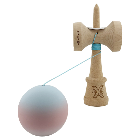 Kendama X Originala, Profesionala, Flippy, Cupe Mari KING SIZE V3, Rubber Grip, Gaura in Baza, Rulment Metalic, din lemn 18 cm, Ata 62/65 cm, Gradient Albastru deschis/Roz/Alb [3]