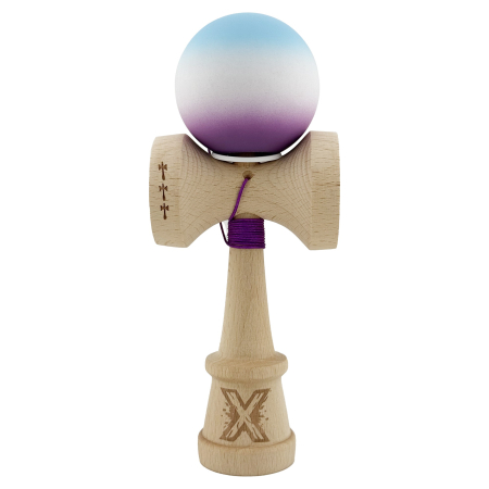 Kendama X Originala, Profesionala, Flippy, Cupe Mari KING SIZE V3, Rubber Grip, Gaura in Baza, Rulment Metalic, din lemn 18 cm, Ata 62/65 cm, Gradient Albastru deschis/Alb/Mov [1]