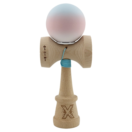 Kendama X Originala, Profesionala, Flippy, Cupe Mari KING SIZE V3, Rubber Grip, Gaura in Baza, Rulment Metalic, din lemn 18 cm, Ata 62/65 cm, Gradient Albastru deschis/Roz/Alb [1]