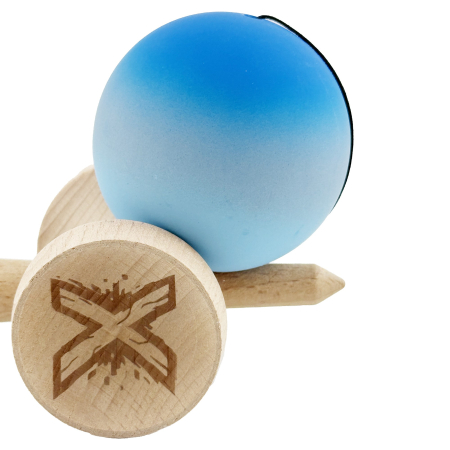 Kendama X Originala, Profesionala, Flippy, Cupe Mari KING SIZE V3, Rubber Grip, Gaura in Baza, Rulment Metalic, din lemn 18 cm, Ata 62/65 cm, Gradient Albastru/Gri/Albastru deschis [7]