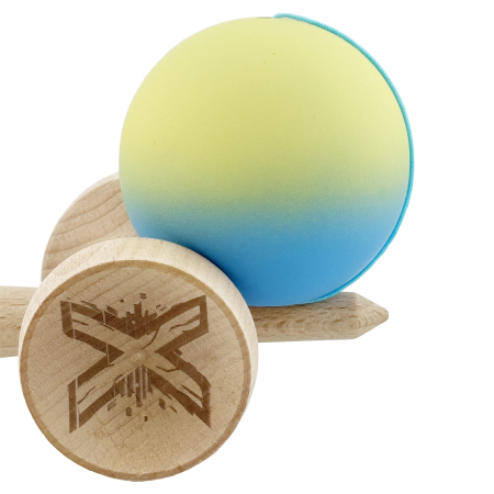 Kendama X Originala, Profesionala, Flippy, Cupe Mari KING SIZE V3, Rubber Grip, Gaura in Baza, Rulment Metalic, din lemn 18 cm, Ata 62/65 cm, Gradient Galben/Albastru deschis [7]
