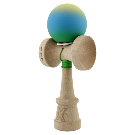 Kendama X Originala, Profesionala, Flippy, Cupe Mari KING SIZE V3, Rubber Grip, Gaura in Baza, Rulment Metalic, din lemn 18 cm, Ata 62/65 cm, Gradient Galben/Albastru/Verde [2]