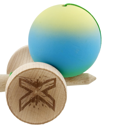 Kendama X Originala, Profesionala, Flippy, Cupe Mari KING SIZE V3, Rubber Grip, Gaura in Baza, Rulment Metalic, din lemn 18 cm, Ata 62/65 cm, Gradient Galben/Albastru/Verde [7]
