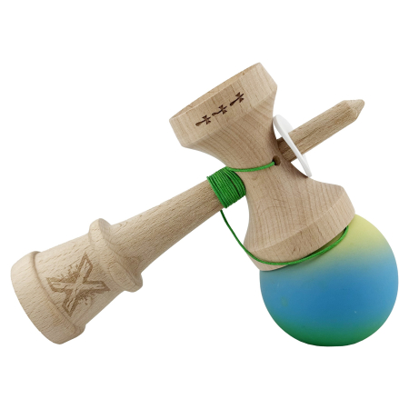 Kendama X Originala, Profesionala, Flippy, Cupe Mari KING SIZE V3, Rubber Grip, Gaura in Baza, Rulment Metalic, din lemn 18 cm, Ata 62/65 cm, Gradient Galben/Albastru/Verde [4]
