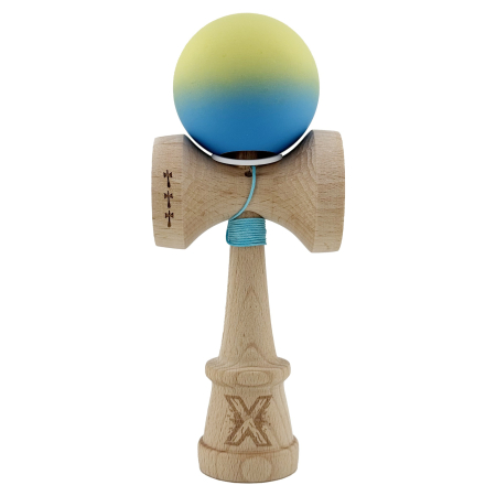 Kendama X Originala, Profesionala, Flippy, Cupe Mari KING SIZE V3, Rubber Grip, Gaura in Baza, Rulment Metalic, din lemn 18 cm, Ata 62/65 cm, Gradient Galben/Albastru deschis [1]