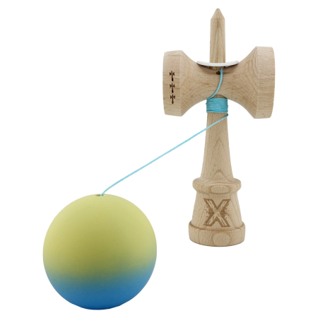 Kendama X Originala, Profesionala, Flippy, Cupe Mari KING SIZE V3, Rubber Grip, Gaura in Baza, Rulment Metalic, din lemn 18 cm, Ata 62/65 cm, Gradient Galben/Albastru deschis [3]