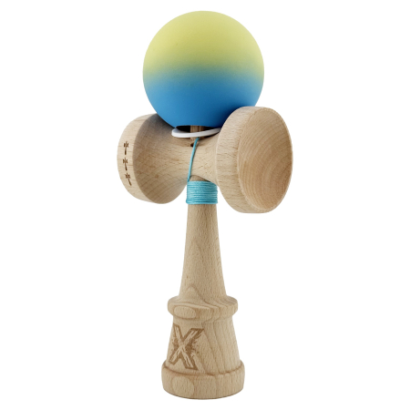 Kendama X Originala, Profesionala, Flippy, Cupe Mari KING SIZE V3, Rubber Grip, Gaura in Baza, Rulment Metalic, din lemn 18 cm, Ata 62/65 cm, Gradient Galben/Albastru deschis [2]