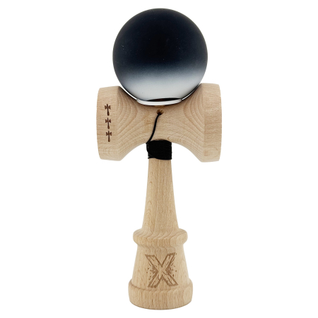 Kendama X Originala, Profesionala, Flippy, Cupe Mari KING SIZE V3, Rubber Grip, Gaura in Baza, Rulment Metalic, din lemn 18 cm, Ata 62/65 cm, Gradient Negru/Alb [1]