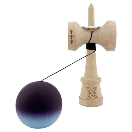 Kendama X Originala, Profesionala, Flippy, Cupe Mari KING SIZE V3, Rubber Grip, Gaura in Baza, Rulment Metalic, din lemn 18 cm, Ata 62/65 cm, Gradient Negru/Albastru deschis [3]