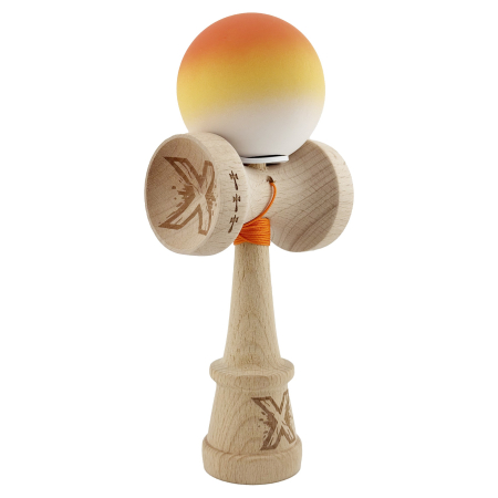 Kendama - Kendama X Originala, Profesionala, Flippy, Cupe Mari KING SIZE V3, Rubber Grip, Gaura in Baza, Rulment Metalic, din lemn 18 cm, Ata 62/65 cm, Gradient Portocaliu/Galben/Alb