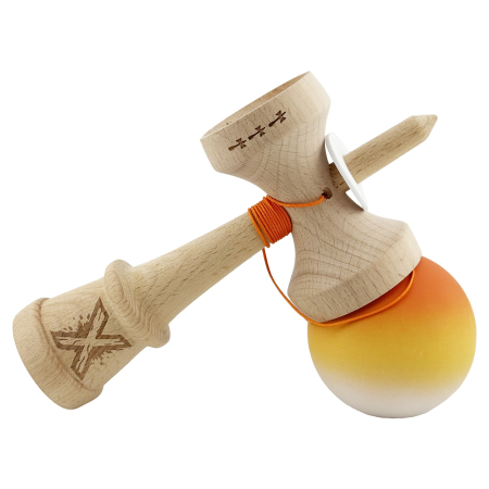 Kendama X Originala, Profesionala, Flippy, Cupe Mari KING SIZE V3, Rubber Grip, Gaura in Baza, Rulment Metalic, din lemn 18 cm, Ata 62/65 cm, Gradient Portocaliu/Galben/Alb [3]