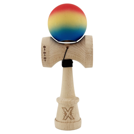 Kendama X Originala, Profesionala, Flippy, Cupe Mari KING SIZE V3, Rubber Grip, Gaura in Baza, Rulment Metalic, din lemn 18 cm, Ata 62/65 cm, Gradient Rosu/Galben/Albastru [1]