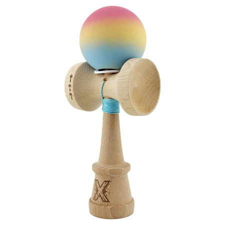 Kendama X Originala, Profesionala, Flippy, Cupe Mari KING SIZE V3, Rubber Grip, Gaura in Baza, Rulment Metalic, din lemn 18 cm, Ata 62/65 cm, Gradient Roz/Galben/Albastru deschis [2]