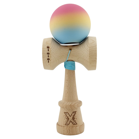 Kendama X Originala, Profesionala, Flippy, Cupe Mari KING SIZE V3, Rubber Grip, Gaura in Baza, Rulment Metalic, din lemn 18 cm, Ata 62/65 cm, Gradient Roz/Galben/Albastru deschis [1]
