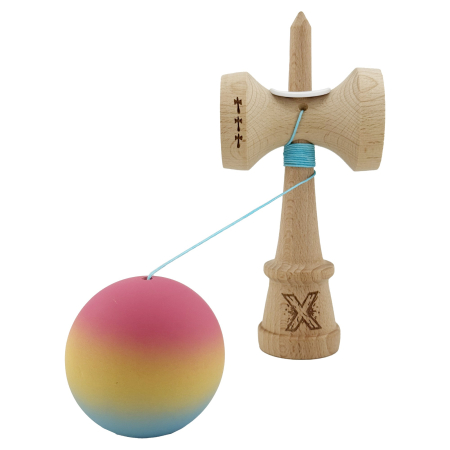 Kendama X Originala, Profesionala, Flippy, Cupe Mari KING SIZE V3, Rubber Grip, Gaura in Baza, Rulment Metalic, din lemn 18 cm, Ata 62/65 cm, Gradient Roz/Galben/Albastru deschis [4]