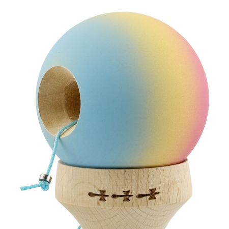 Kendama X Originala, Profesionala, Flippy, Cupe Mari KING SIZE V3, Rubber Grip, Gaura in Baza, Rulment Metalic, din lemn 18 cm, Ata 62/65 cm, Gradient Roz/Galben/Albastru deschis [5]