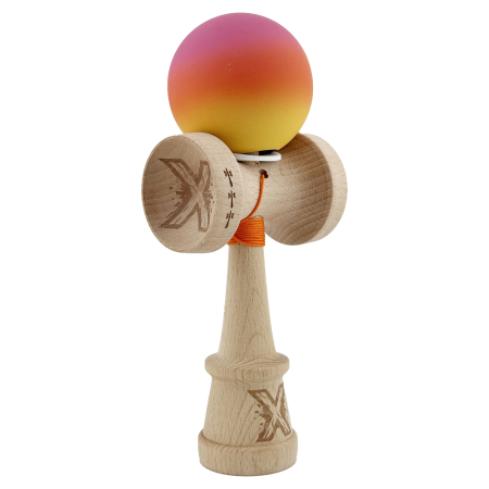 Kendama - Kendama X Originala, Profesionala, Flippy, Cupe Mari KING SIZE V3, Rubber Grip, Gaura in Baza, Rulment Metalic, din lemn 18 cm, Ata 62/65 cm, Gradient Roz/Rosu/Galben