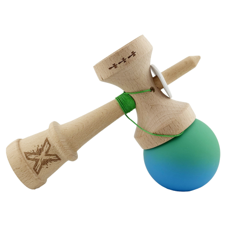 Kendama X Originala, Profesionala, Flippy, Cupe Mari KING SIZE V3, Rubber Grip, Gaura in Baza, Rulment Metalic, din lemn 18 cm, Ata 62/65 cm, Gradient Verde/Albastru [4]
