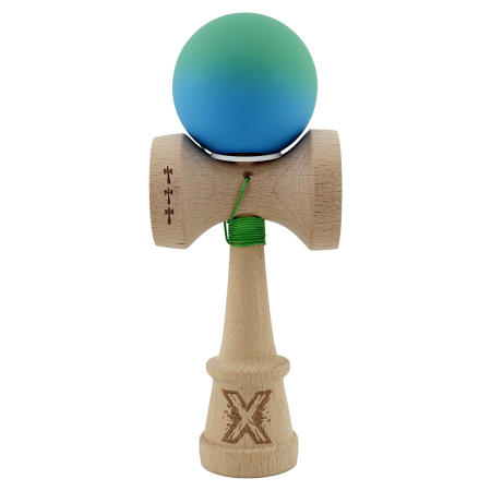 Kendama X Originala, Profesionala, Flippy, Cupe Mari KING SIZE V3, Rubber Grip, Gaura in Baza, Rulment Metalic, din lemn 18 cm, Ata 62/65 cm, Gradient Verde/Albastru [1]
