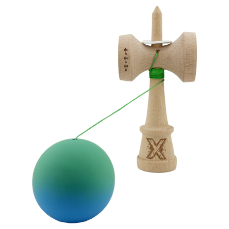 Kendama X Originala, Profesionala, Flippy, Cupe Mari KING SIZE V3, Rubber Grip, Gaura in Baza, Rulment Metalic, din lemn 18 cm, Ata 62/65 cm, Gradient Verde/Albastru [3]