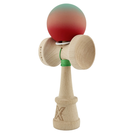 Kendama X Originala, Profesionala, Flippy, Cupe Mari KING SIZE V3, Rubber Grip, Gaura in Baza, Rulment Metalic, din lemn 18 cm, Ata 62/65 cm, Gradient Verde/Roz/Rosu [2]