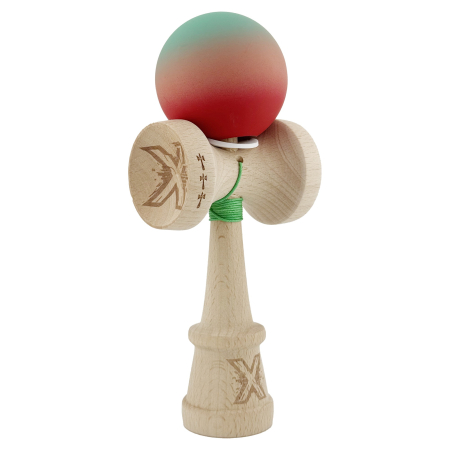 Kendama - Kendama X Originala, Profesionala, Flippy, Cupe Mari KING SIZE V3, Rubber Grip, Gaura in Baza, Rulment Metalic, din lemn 18 cm, Ata 62/65 cm, Gradient Verde/Roz/Rosu