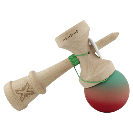 Kendama X Originala, Profesionala, Flippy, Cupe Mari KING SIZE V3, Rubber Grip, Gaura in Baza, Rulment Metalic, din lemn 18 cm, Ata 62/65 cm, Gradient Verde/Roz/Rosu [4]